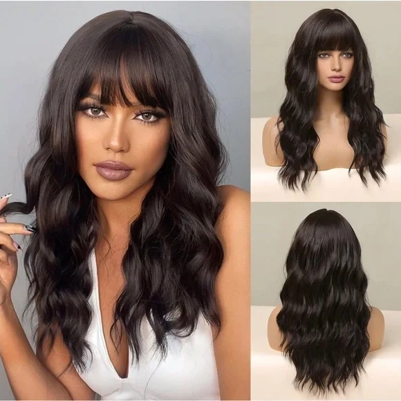 Human hair blend black brown wavy wig with bang. - Picture 1 of 5